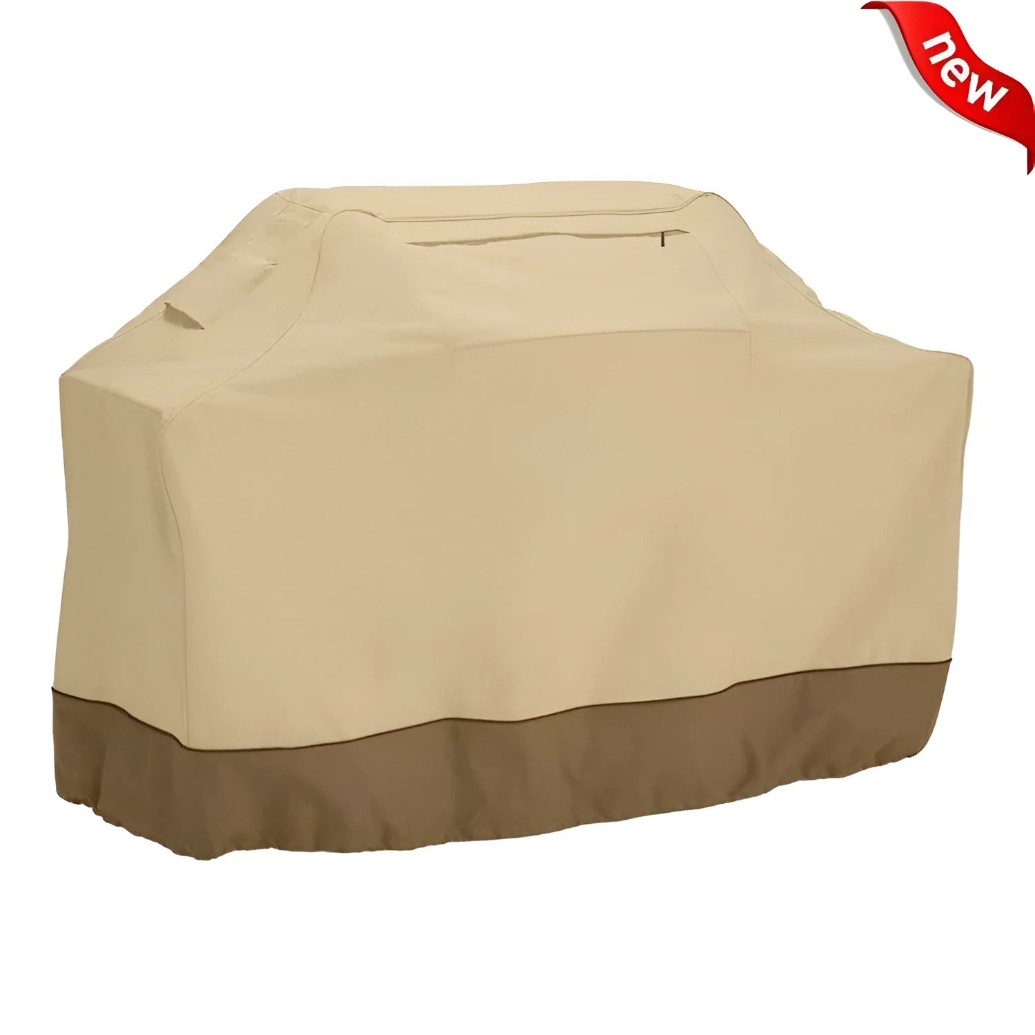 Beige polyester barbecue hood cover shown draped, illustrating its Nordic style and size for outdoor oven protection.