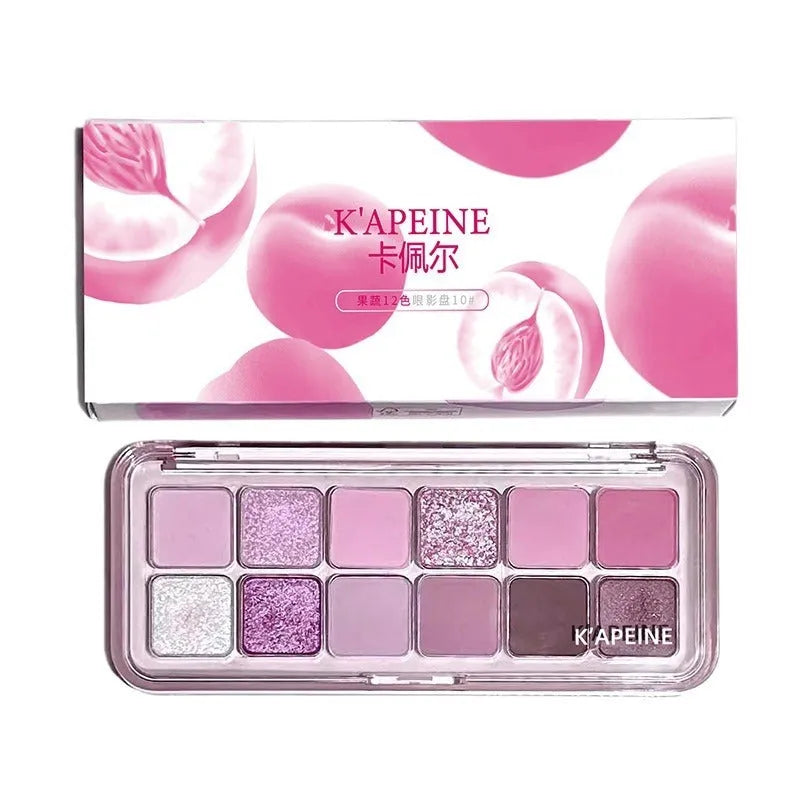 Creative Home 12-colour eyeshadow palette showing Peach Apple and Cherry Plum powder eyeshadows