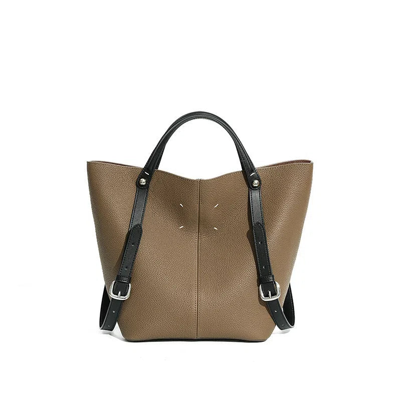 Genuine leather women's tote bag vertical square shape with stitching detail and single shoulder strap in black