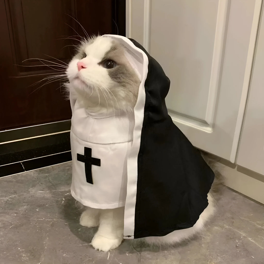 Black and white nun costume for small medium dog with polyester cloak and pullover design