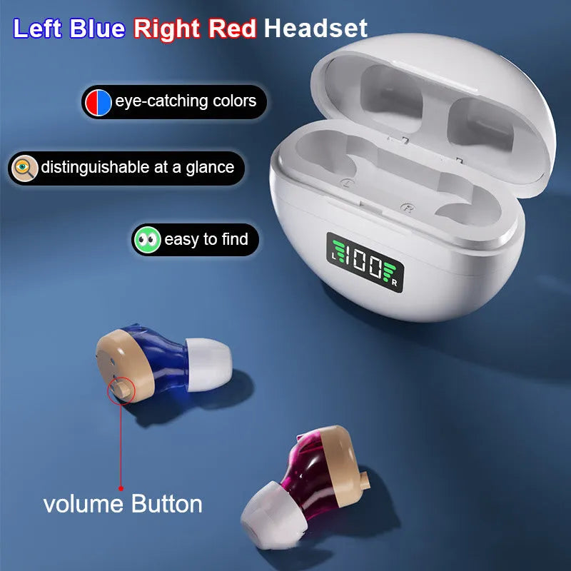 New charging hearing aid with digital display, noise reduction, suction design, red blue colour, USB powered, for elderly use