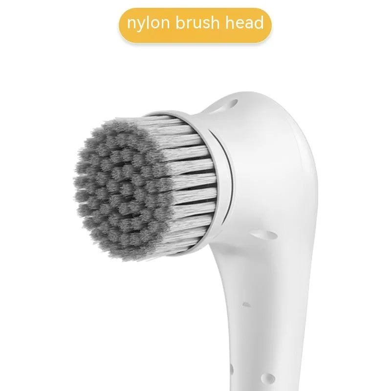 White cordless electric cleaning brush with five brush heads including nylon, sponge, wire, scouring pad and plush cloth attachments