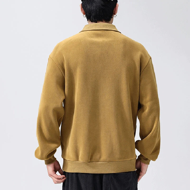 Men's lapel half-zip fleece sweatshirt in black, haze green, and apricot yellow