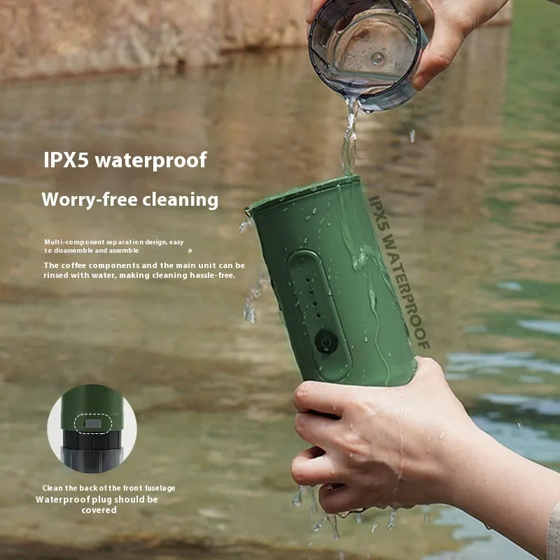 Portable stainless steel coffee machine with car charger, clear spoon, and storage bag in Jungle Green colour.