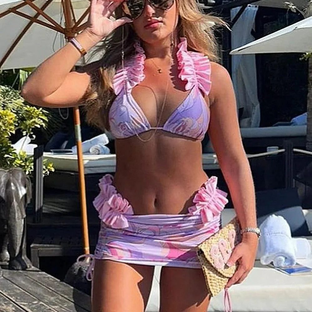 Women's purple pleated split bikini swimsuit with sleeveless design and briefs style for swimming