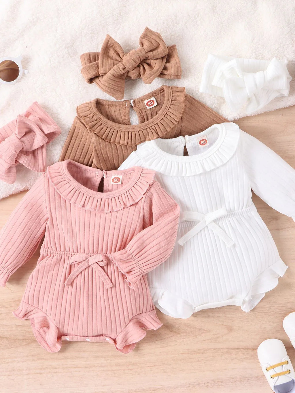 Baby girls long sleeve cotton sunken stripe romper jumpsuit with headscarf in white, pink and brown for heights 60-100cm
