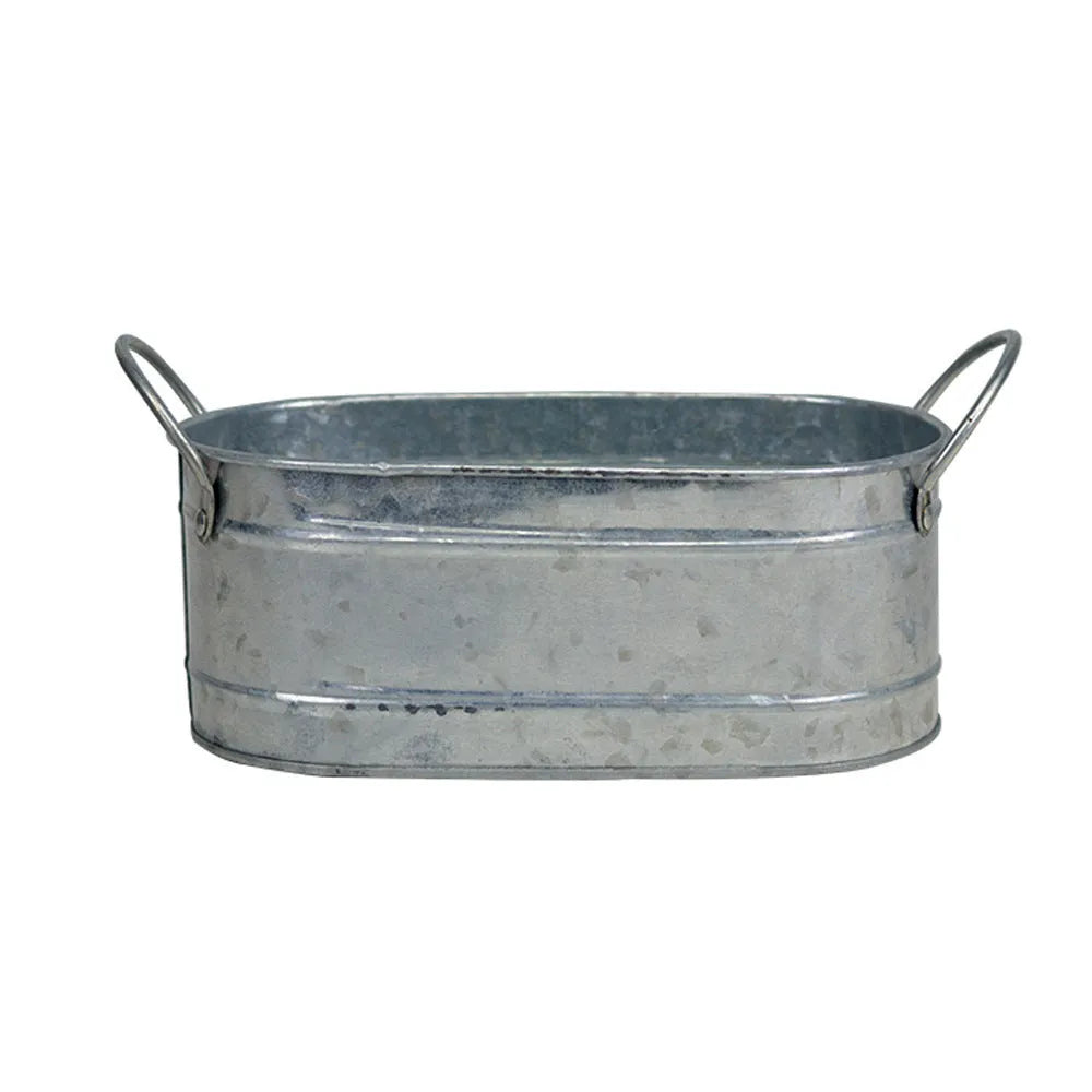 Iron sheet succulent flowerpot in a desktop style on a wooden surface.