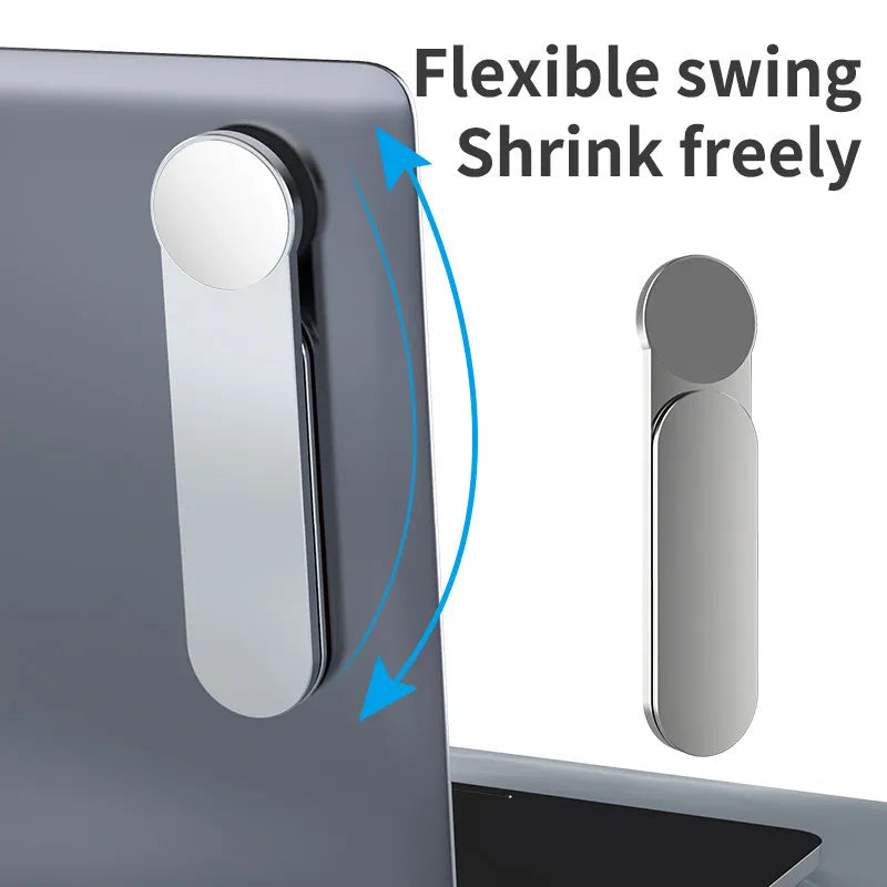 Silver aluminium alloy foldable magnetic dual screen extension bracket holding a mobile phone.