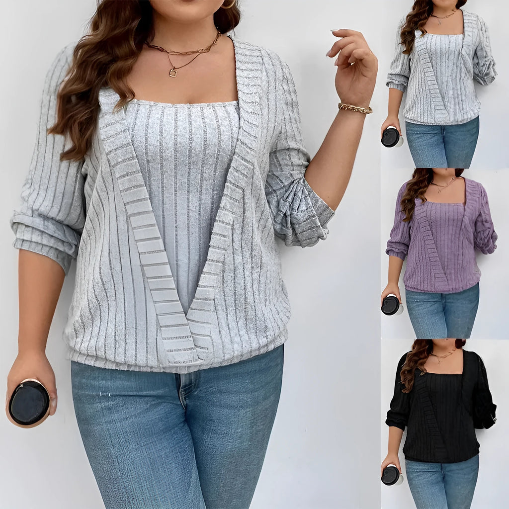 Women's solid colour ribbed knit false two-piece suit dress with V-neck and long sleeves