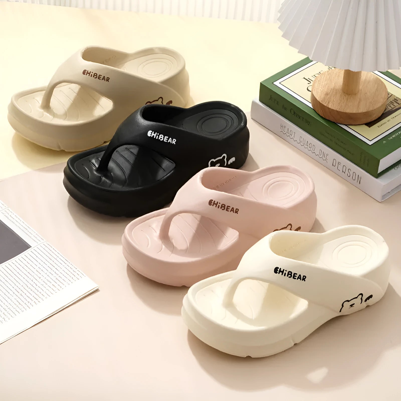 Thick-soled non-slip EVA flip flops for women, fish mouth toe, available in beige, khaki, black, pink, size 35-40
