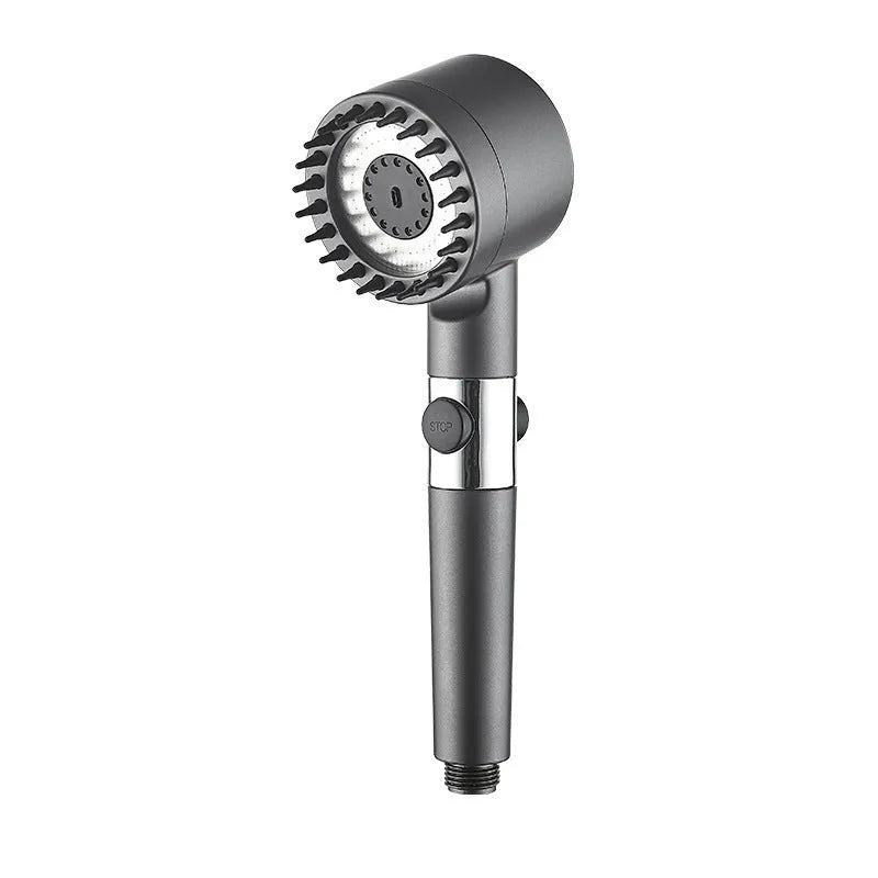 Supercharged ABS handheld shower set in light luxury grey with 5 functions, LED light, and universal interface.