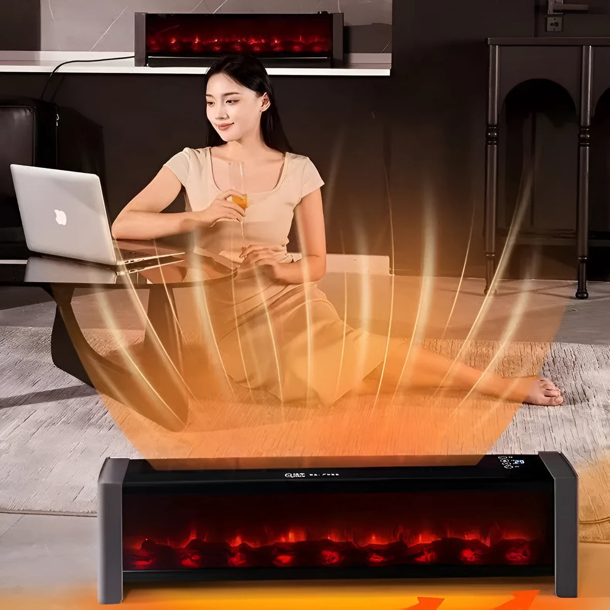 3D simulation flame skirting line heater with voice control, 2000W, 870mm by 195mm by 265mm