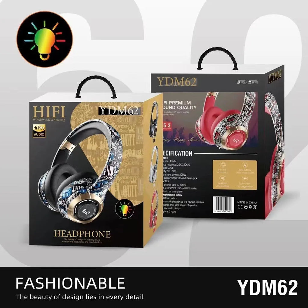 Bluetooth headphone head-mounted skull graffiti design in black with over-ear fit and ABS build