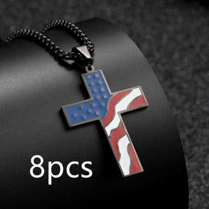 Men's stainless steel flag cross necklace in Black, Gold, and Silver options