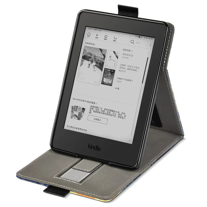 Handheld protective case for 6-inch Kindle with folding brackets shown in a solid colour option.
