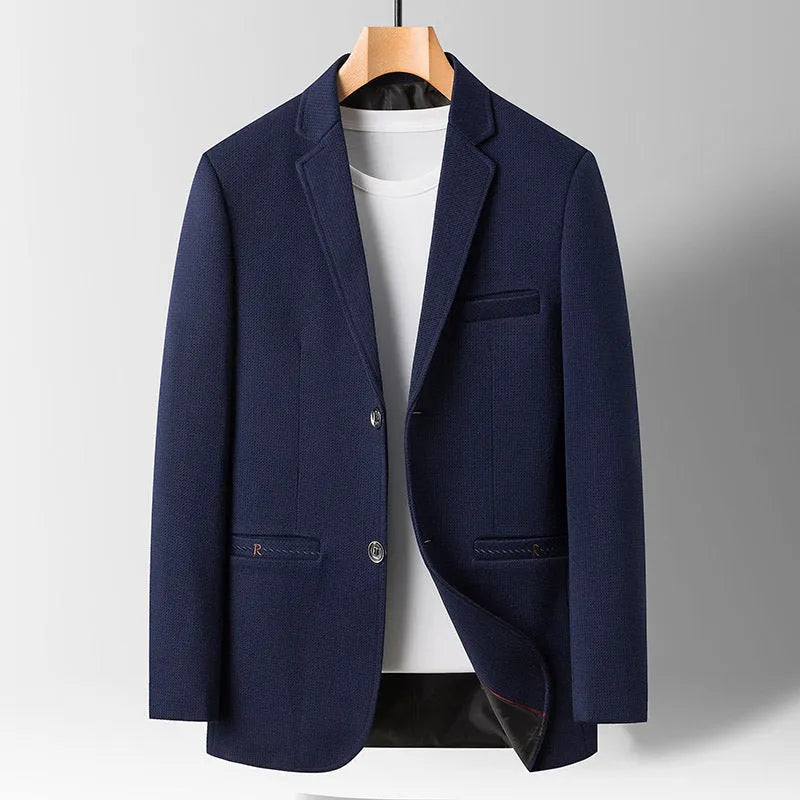 Spring men's tailored collar suit in blue, polyester non-ironing fabric, long sleeves, light business style