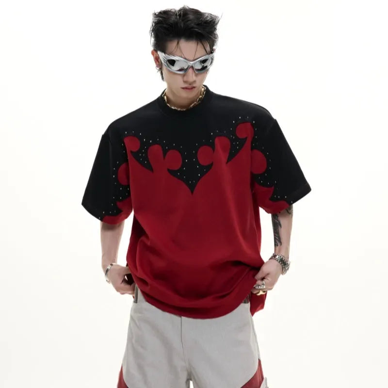 Men's grey cotton short sleeve shirt with burnt flower embroidery and 3D stitching detail.