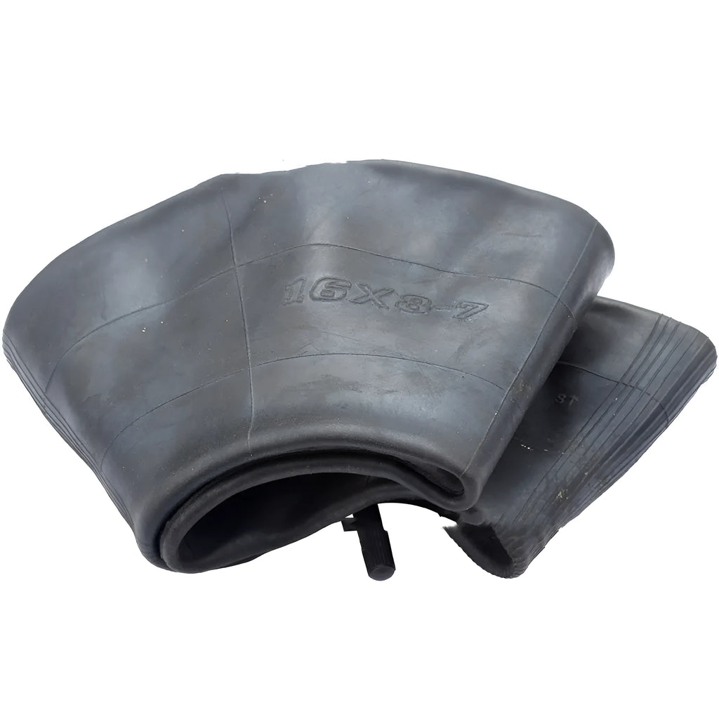 Set of two 16x8.00-7 black rubber inner tubes with TR13 straight valve stems and dust caps.