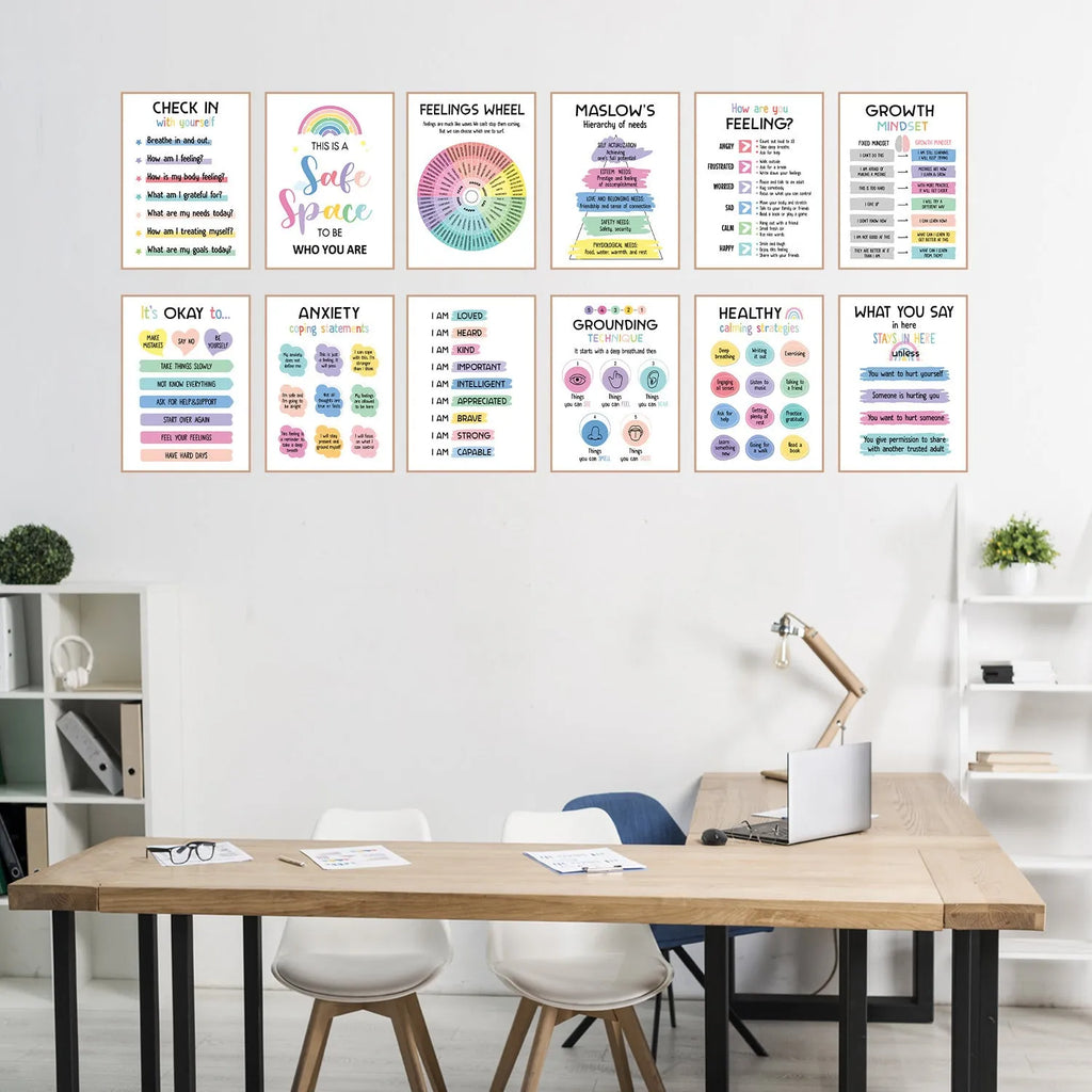 12 mental health posters on glossy coated paper each 255 x 355mm with bright film finish for office or consulting room display