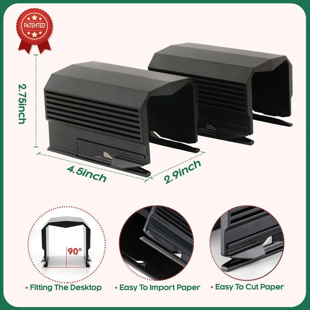 Injection moulded plastic paper cutter for roll paper and scrolls in black, red, or green.