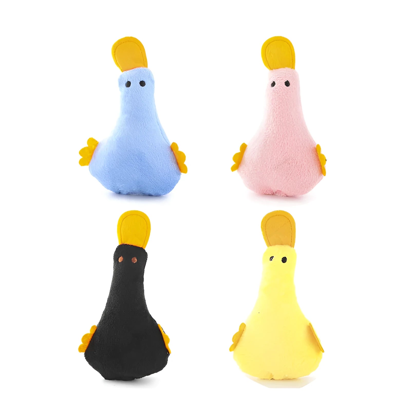 Colourful plush duck pet toy with squeaker and catnip filling for dogs and cats.