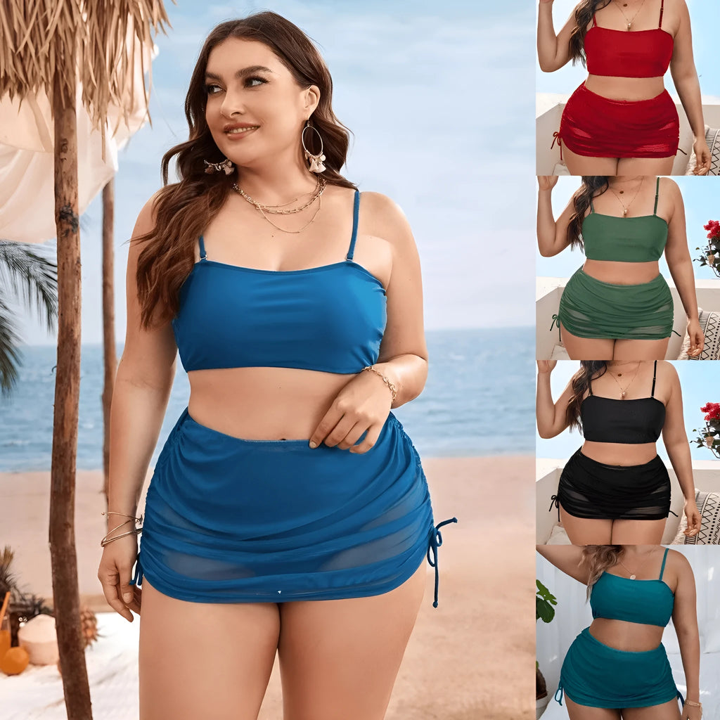 Women's pure colour mesh bikini three-piece set showing top, underwear, and apron accessory.