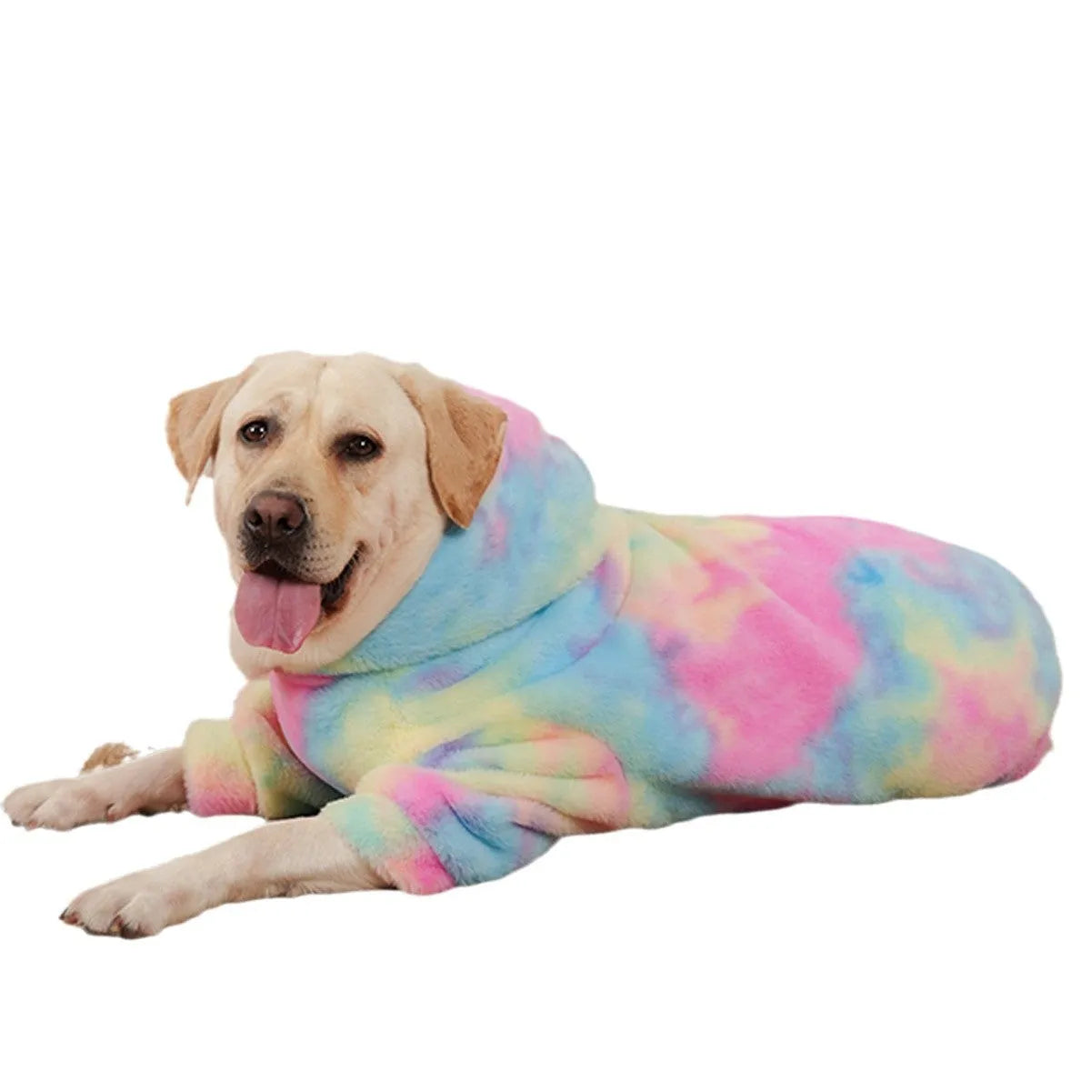 Multicolour tie-dyed cotton dog sweater with rainbow pattern and rabbit fur texture