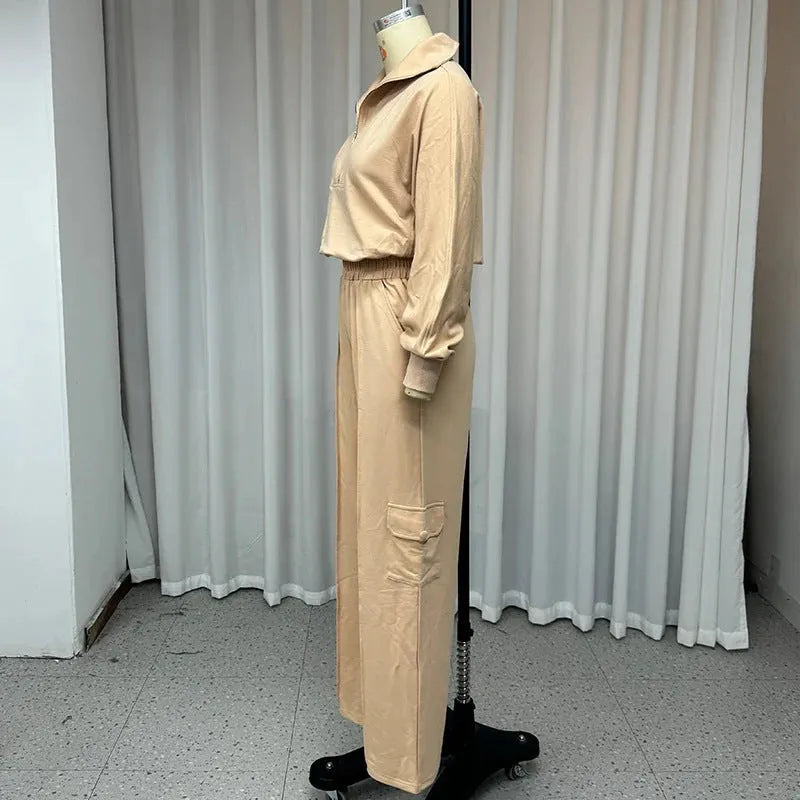 Women's light camel polyester two-piece set with lapel top and wide leg trousers