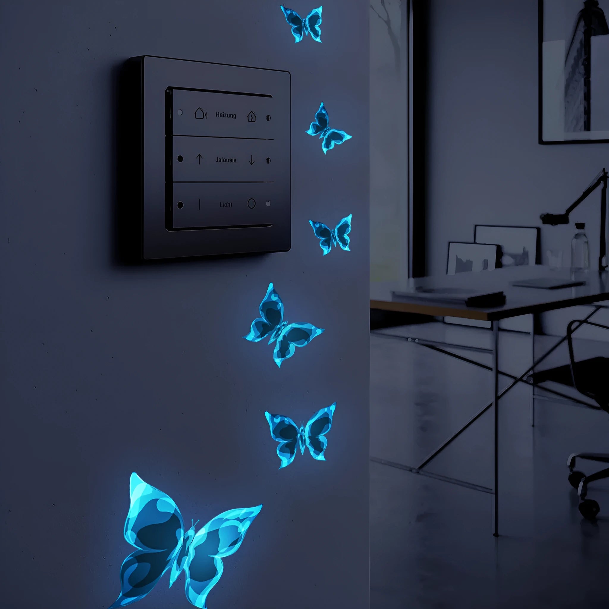 Blue luminous small butterfly PVC wall sticker 15x15cm for bedroom living room decor