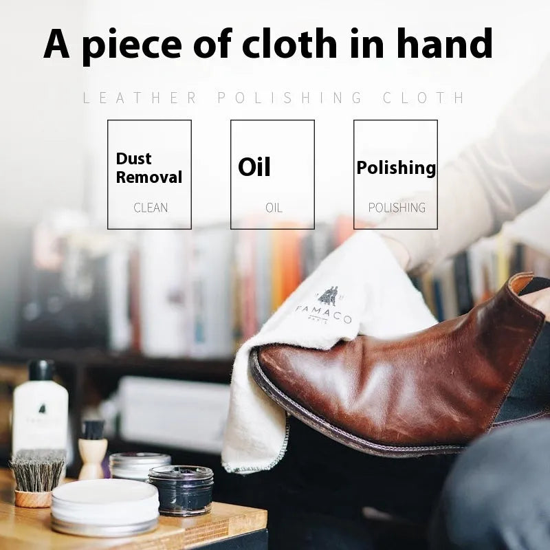 Cotton cleaning and polishing cloth 13 x 50 cm for shoe care, light colour, on a wooden surface