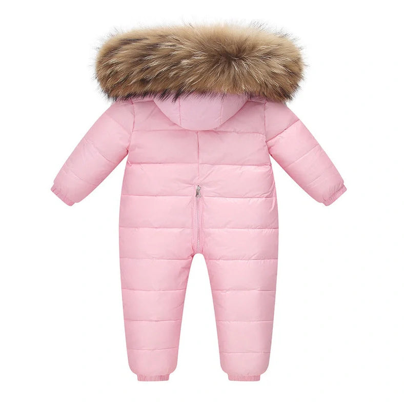 Baby wearing white duck down jacket with hood in yellow colour, suitable for 90-120cm heights