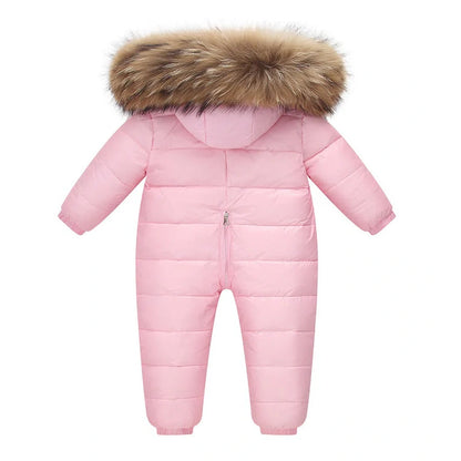 Baby wearing white duck down jacket with hood in yellow colour, suitable for 90-120cm heights