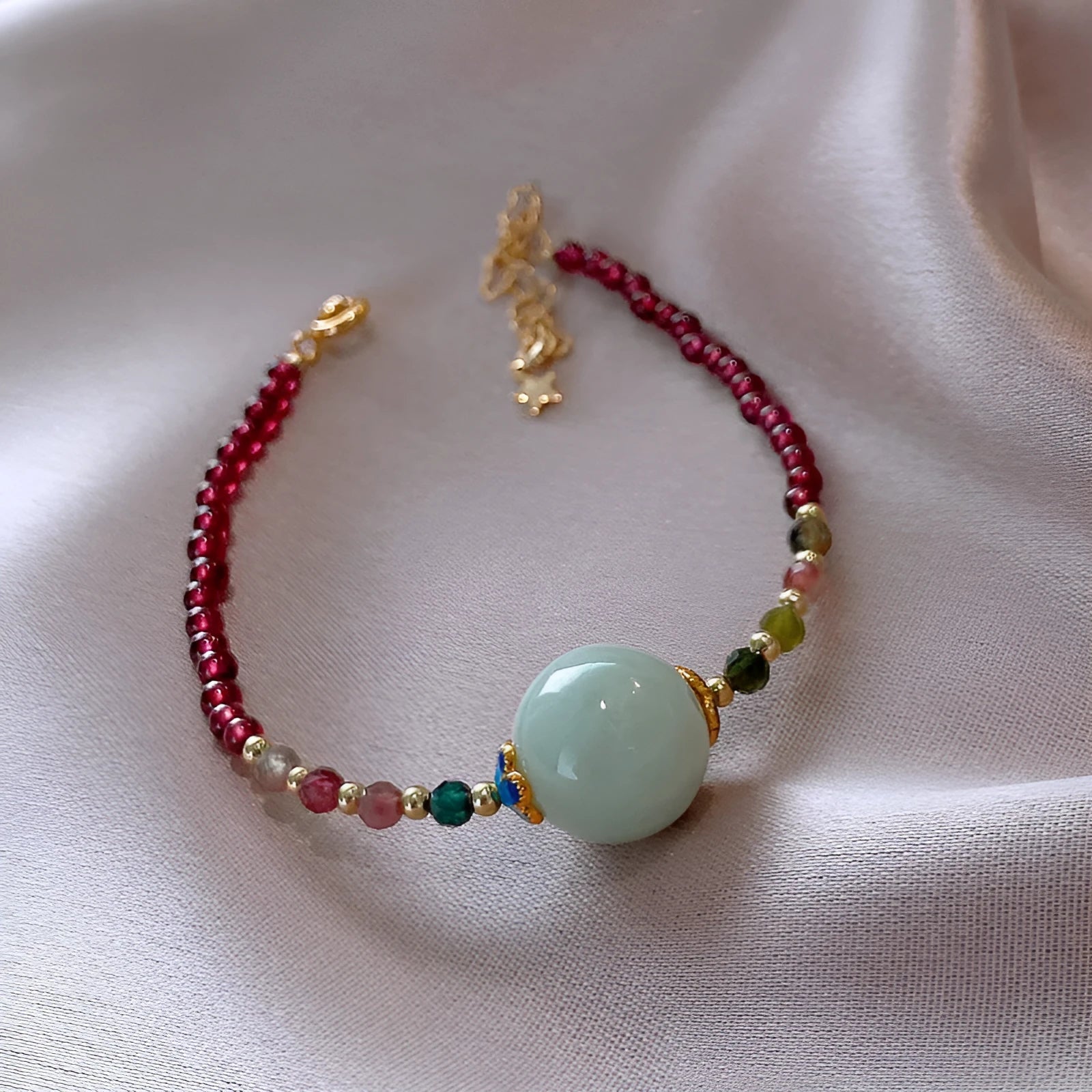 Aquamarine Chinese style women's bracelet with garnet beads and electroplated finish