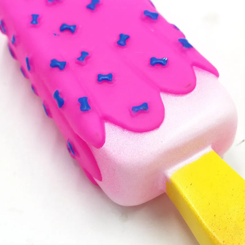 Dog vinyl simulation popsicle ice cream chew toy in random colour, measures 15x6cm.