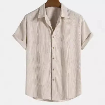 Man wearing a short-sleeved casual cardigan-style shirt in a GKESJ colour.