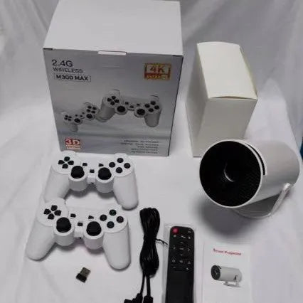 M300MAX portable home game projection machine with wireless controllers on a red packaging box.
