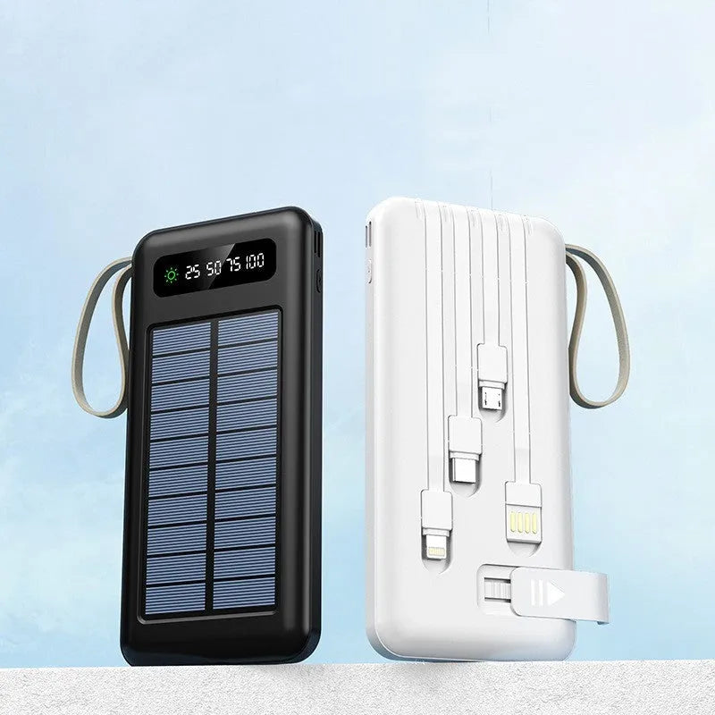 Cool black solar power bank showing its solar panel and output ports on a compact rectangular body.