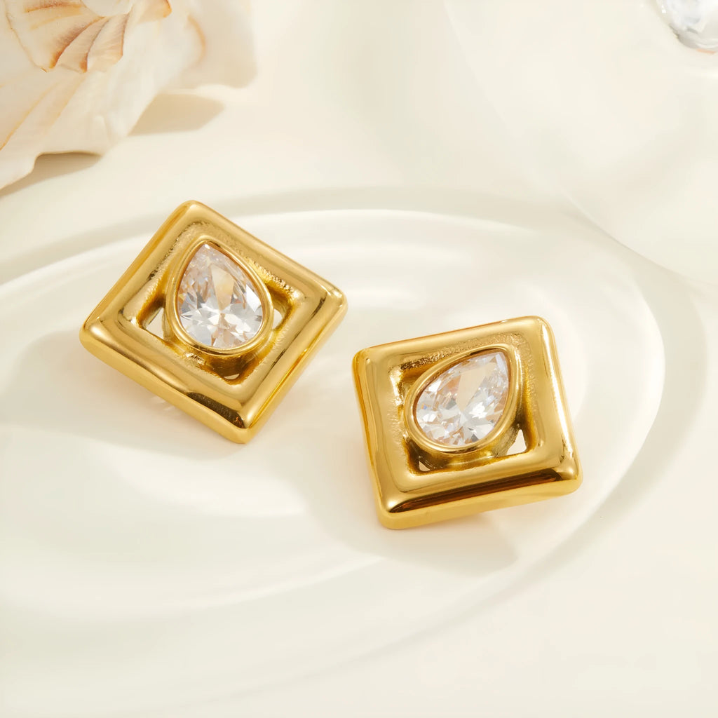 Gold geometric stud earrings with water drop zircon inlay on stainless steel