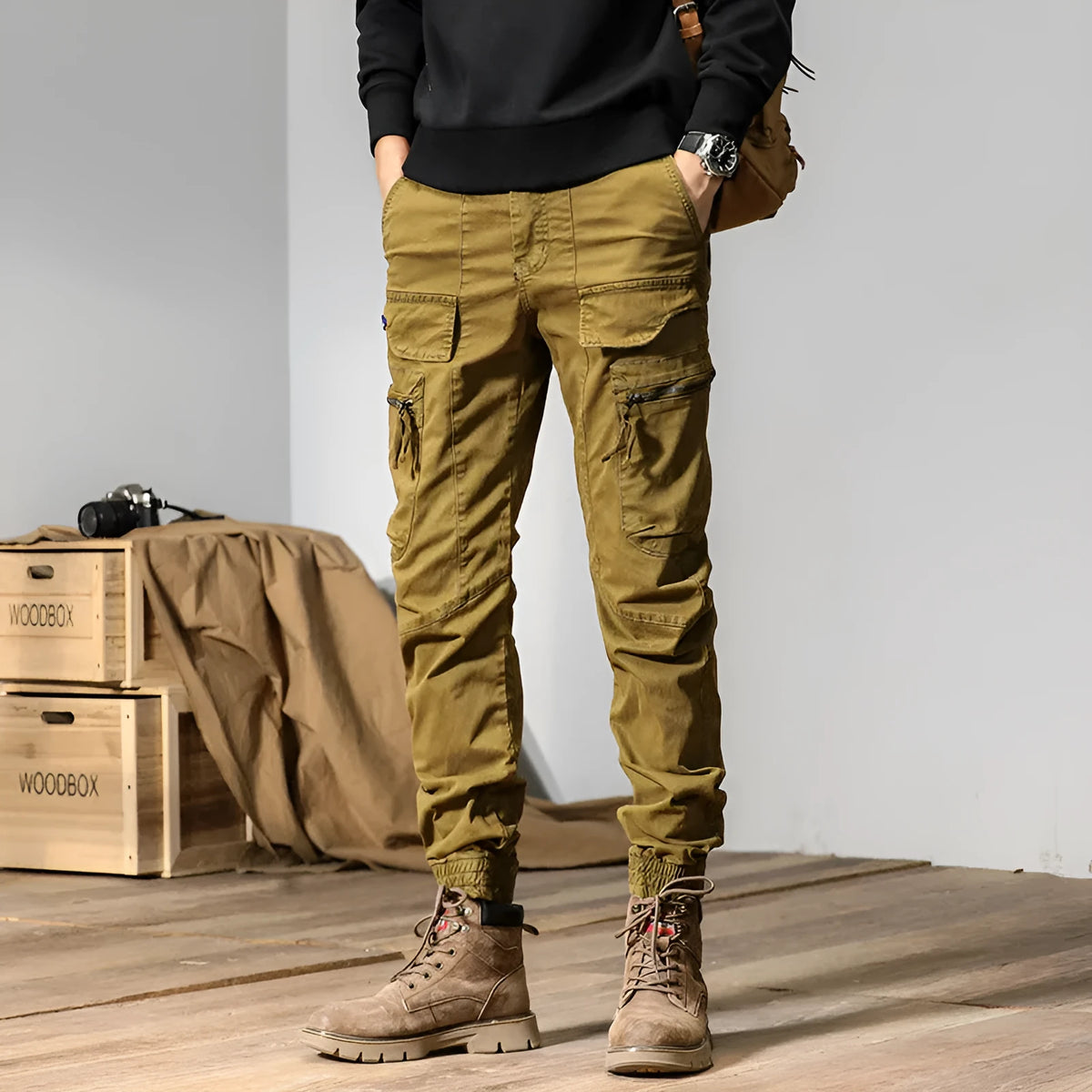 Japanese style cotton overalls for men, mid-waist straight leg, Army Green colour