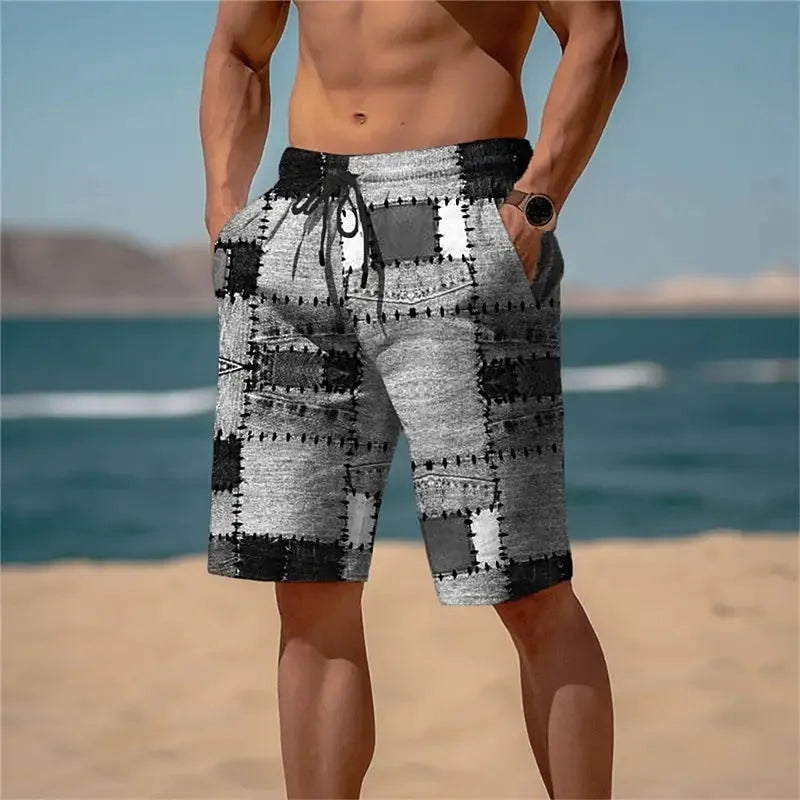 Men's 3D plaid mesh summer shorts in loose fit design with micro-elastic fabric