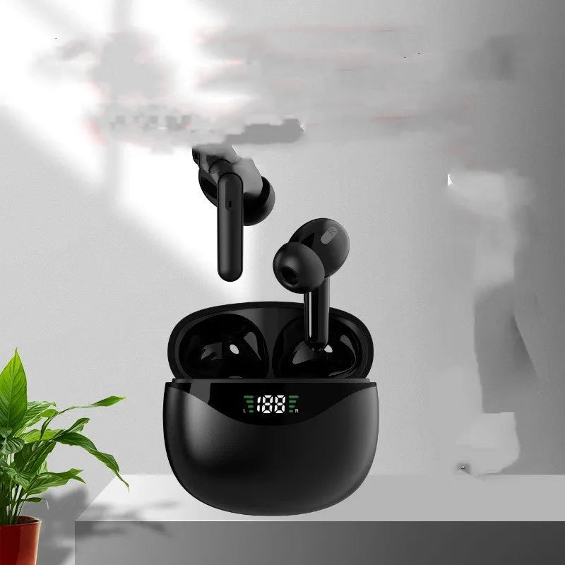 Bluetooth headset with digital display, touch controls, stereo earbuds in black colour