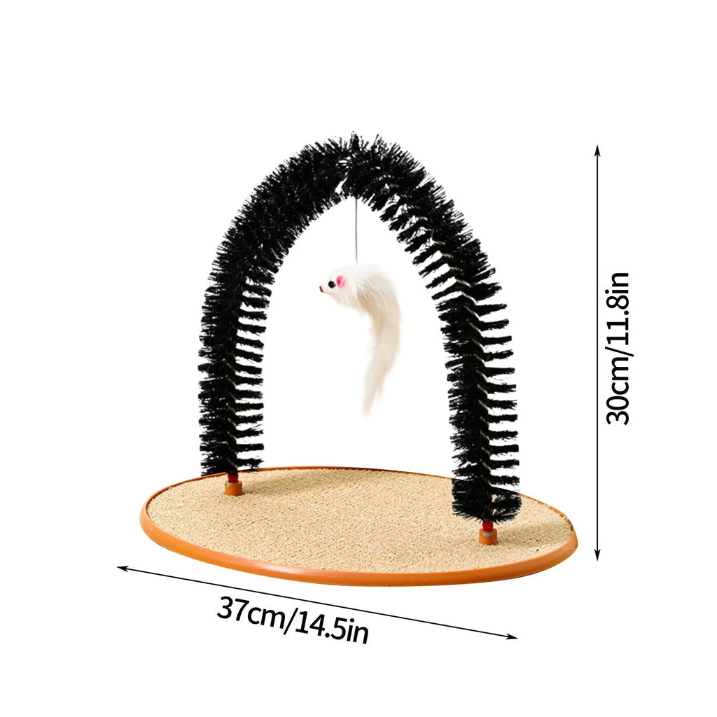 Black arch-shaped cat grooming brush with attached plush mouse toy on non-slip scratching base