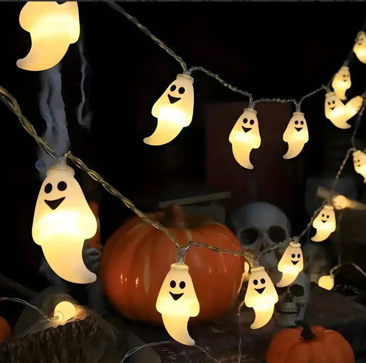 Battery-powered Halloween lighting chain with pumpkin, ghost, and bat-shaped LED lights