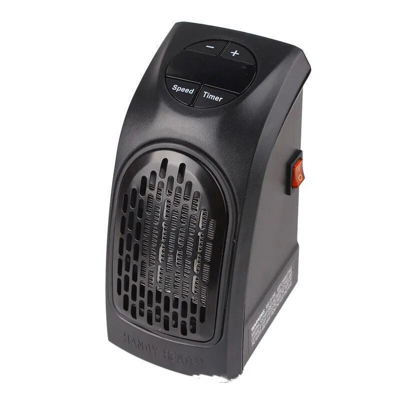 Compact black ceramic fan heater with rotatable EU plug on a desk