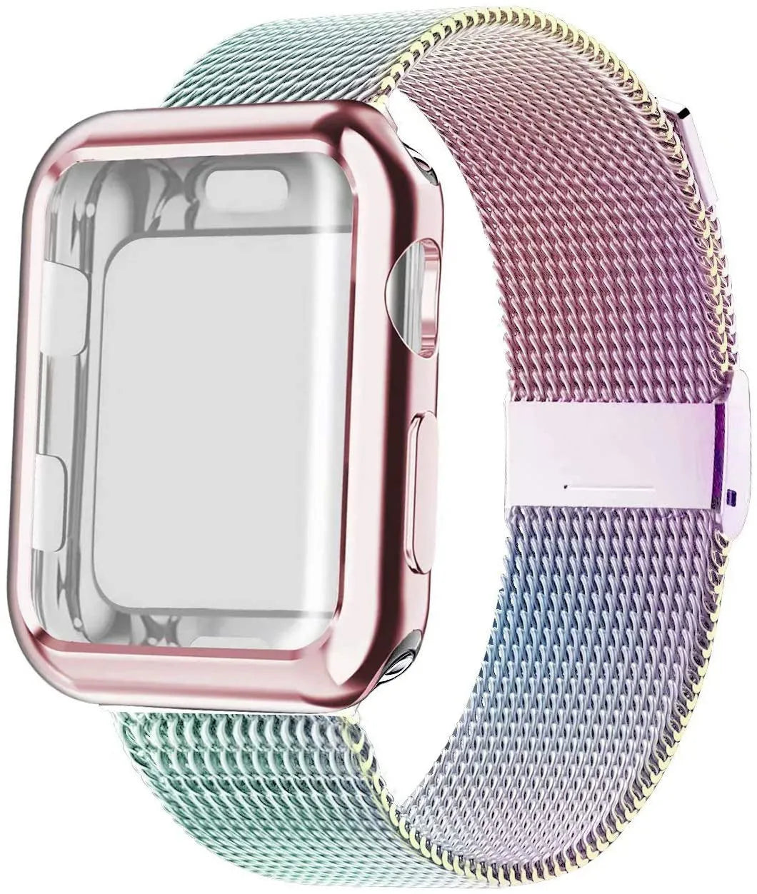 Silver magnetic Milanese metal band for Apple Watch on a wrist, showing the clasp.