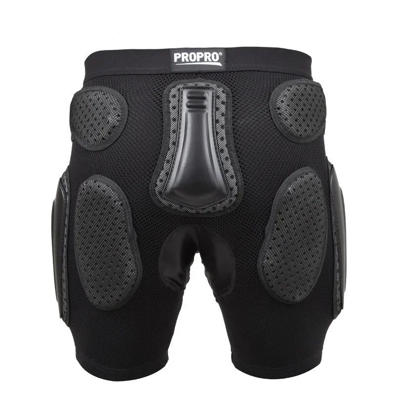 Black cycling hip pad protection pants showing hip guard area and size options S M L XL