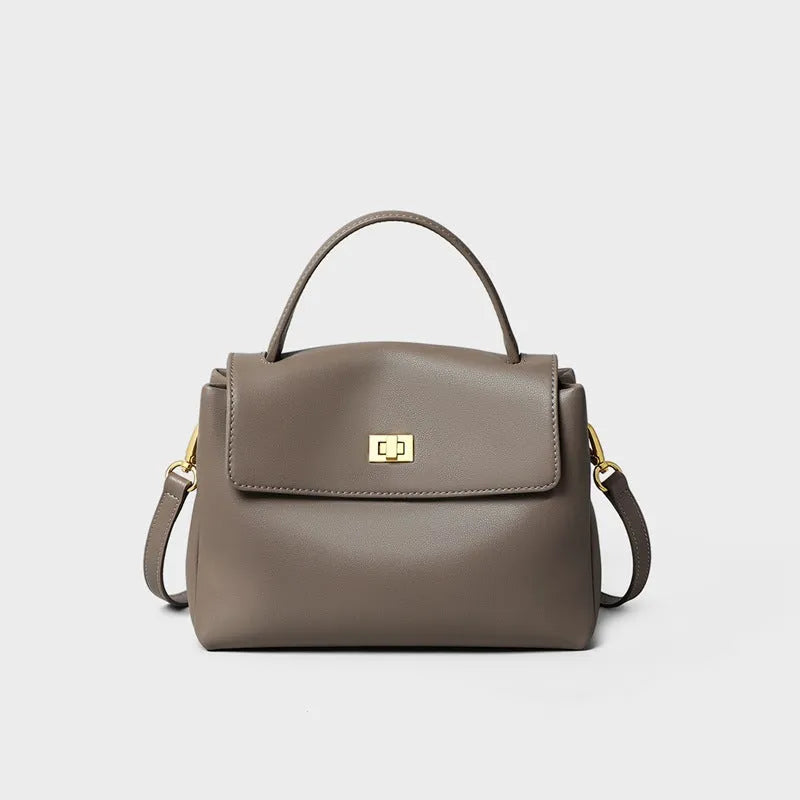High-grade genuine leather women's bag in Gray Viney with lock and horizontal square shape for commuting