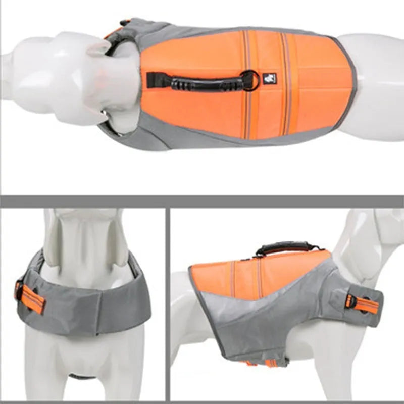 Pet dog swimming life jacket in orange with 3M reflective strips, adjustable straps, and lifting handle