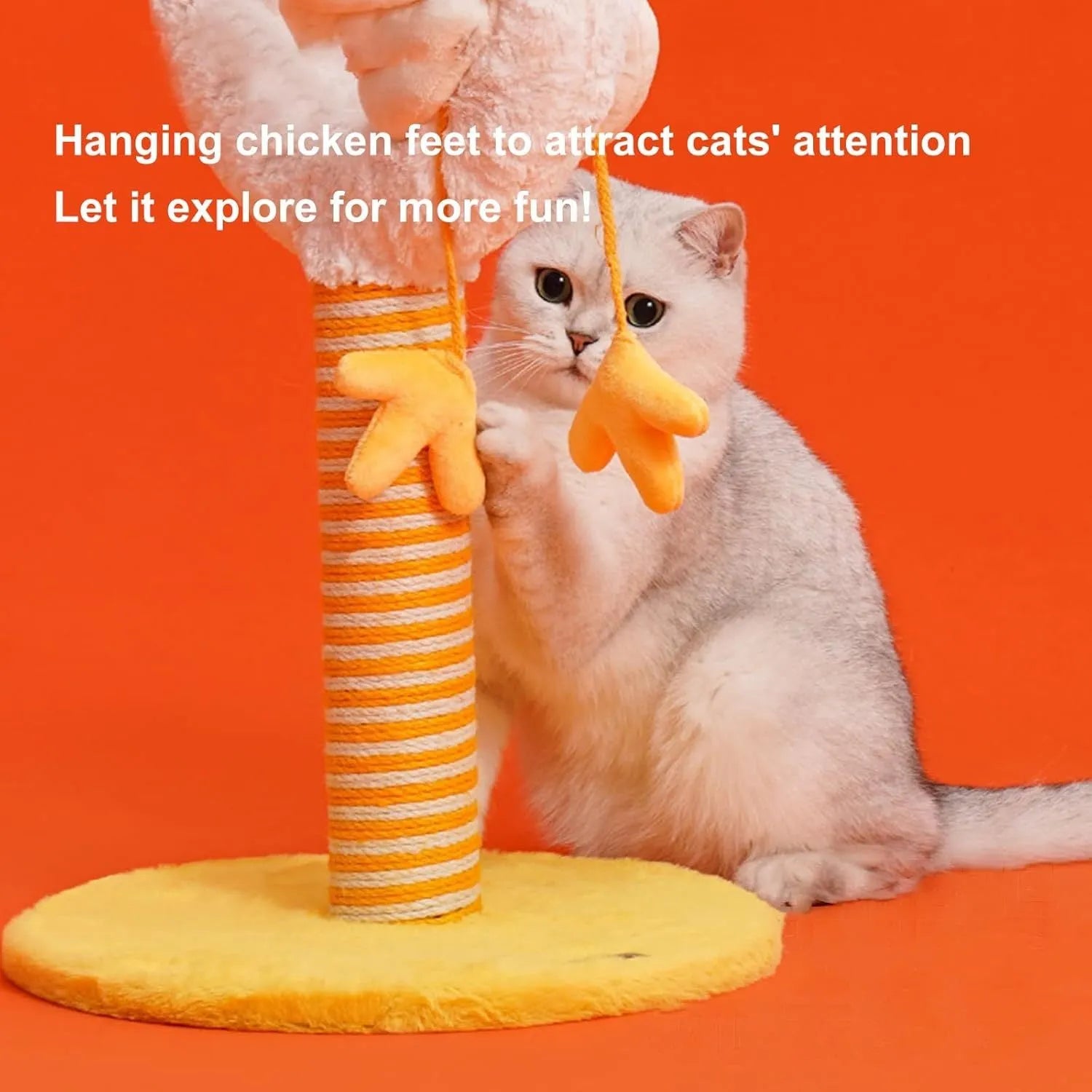 Yellow sisal vertical cat scratching post with chicken strip design and spring ball