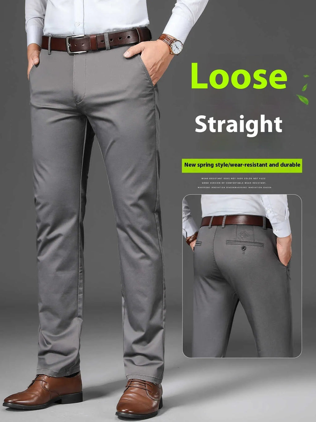 Men's straight-leg non-ironing trousers in a grey cotton blend fabric on a hanger